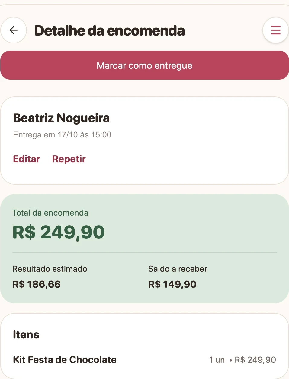 Detalhe da encomenda de Beatriz Nogueira, com entrega em 17/10 às 15:00 e o item Kit Festa de Chocolate por R$ 249,90; dados de exemplo.